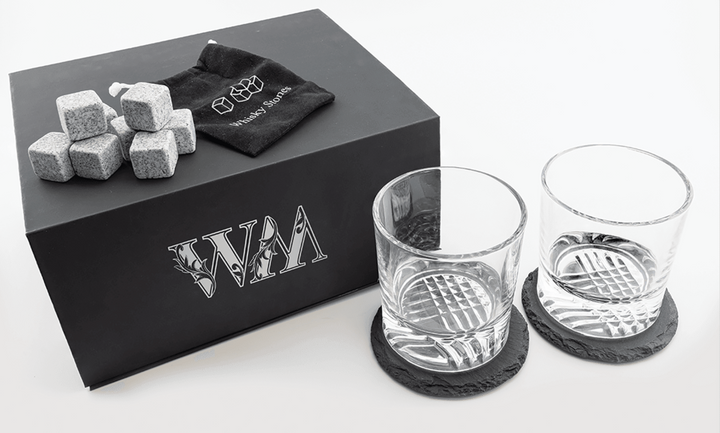 Lazerburst Whiskey Set with Two 9 oz. Glasses, Two 4" Slate Coasters, and Eight Granite Whiskey Stones with Black Velvet