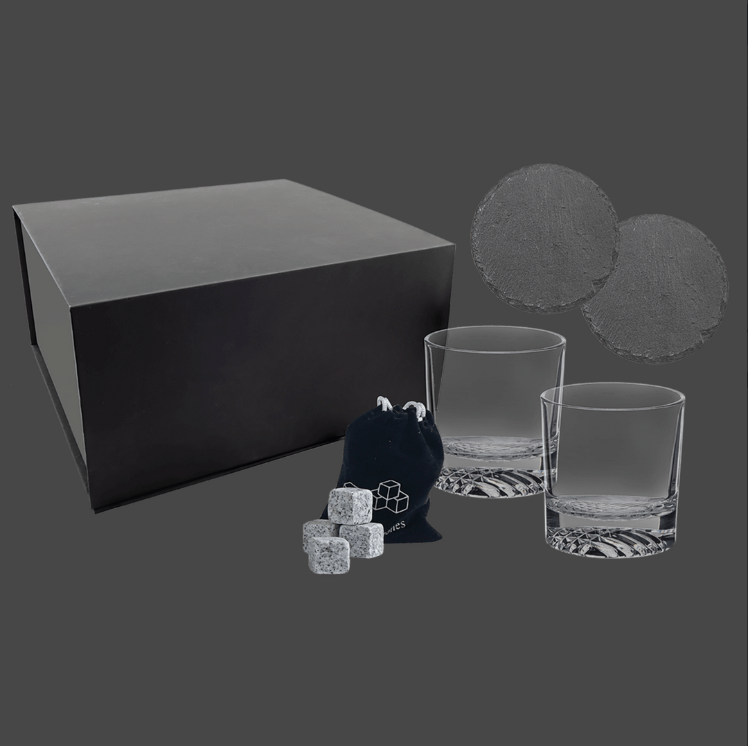 Lazerburst Whiskey Set with Two 9 oz. Glasses, Two 4" Slate Coasters, and Eight Granite Whiskey Stones with Black Velvet