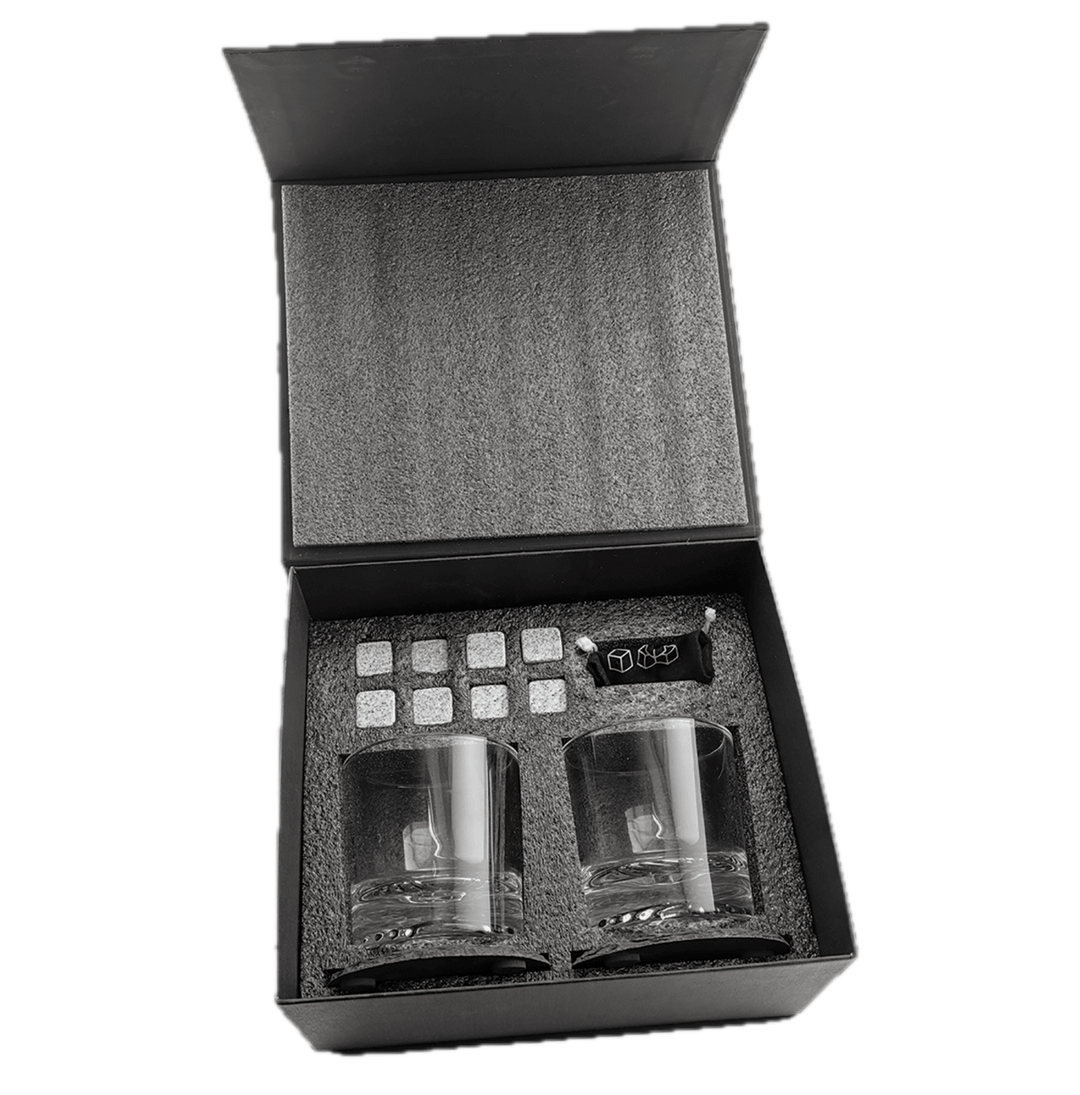 Lazerburst Whiskey Set with Two 9 oz. Glasses, Two 4" Slate Coasters, and Eight Granite Whiskey Stones with Black Velvet