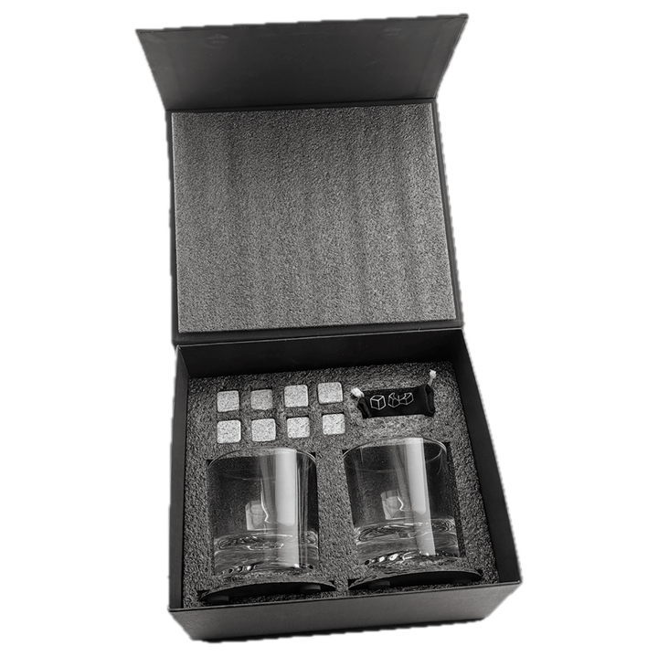 Lazerburst Whiskey Set with Two 9 oz. Glasses, Two 4" Slate Coasters, and Eight Granite Whiskey Stones with Black Velvet