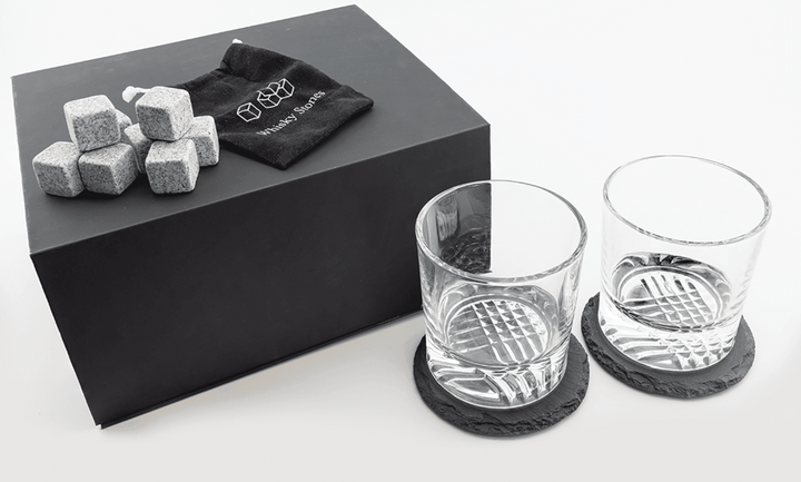 Lazerburst Whiskey Set with Two 9 oz. Glasses, Two 4" Slate Coasters, and Eight Granite Whiskey Stones with Black Velvet