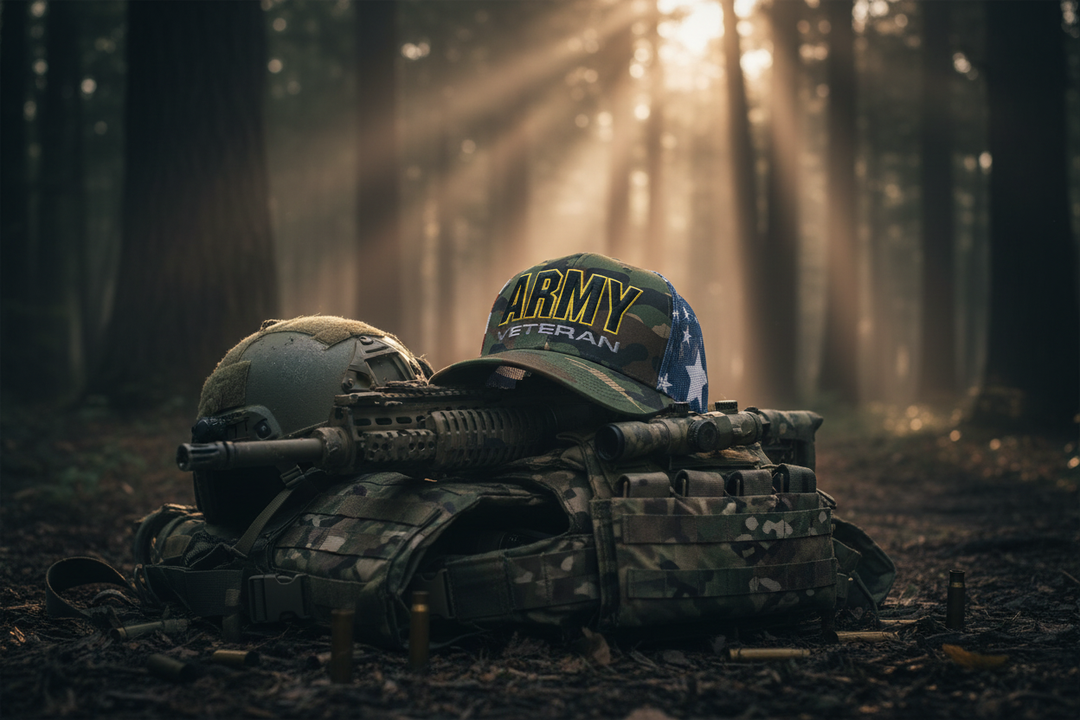 Army Veteran hat in dramatic military environment