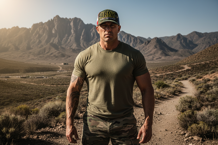 Athletic veteran in Army hat with dramatic landscape