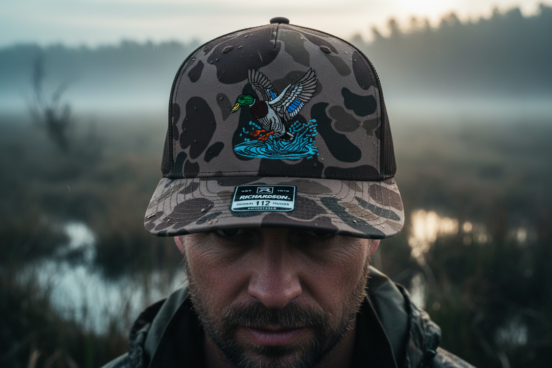 Badass close-up of duck hunting hat in marsh environment