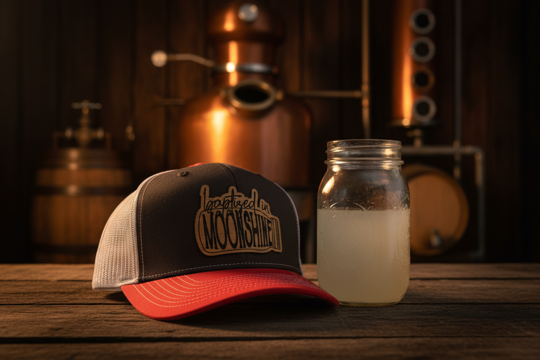 Baptized in Moonshine hat on barn wood with mason jar