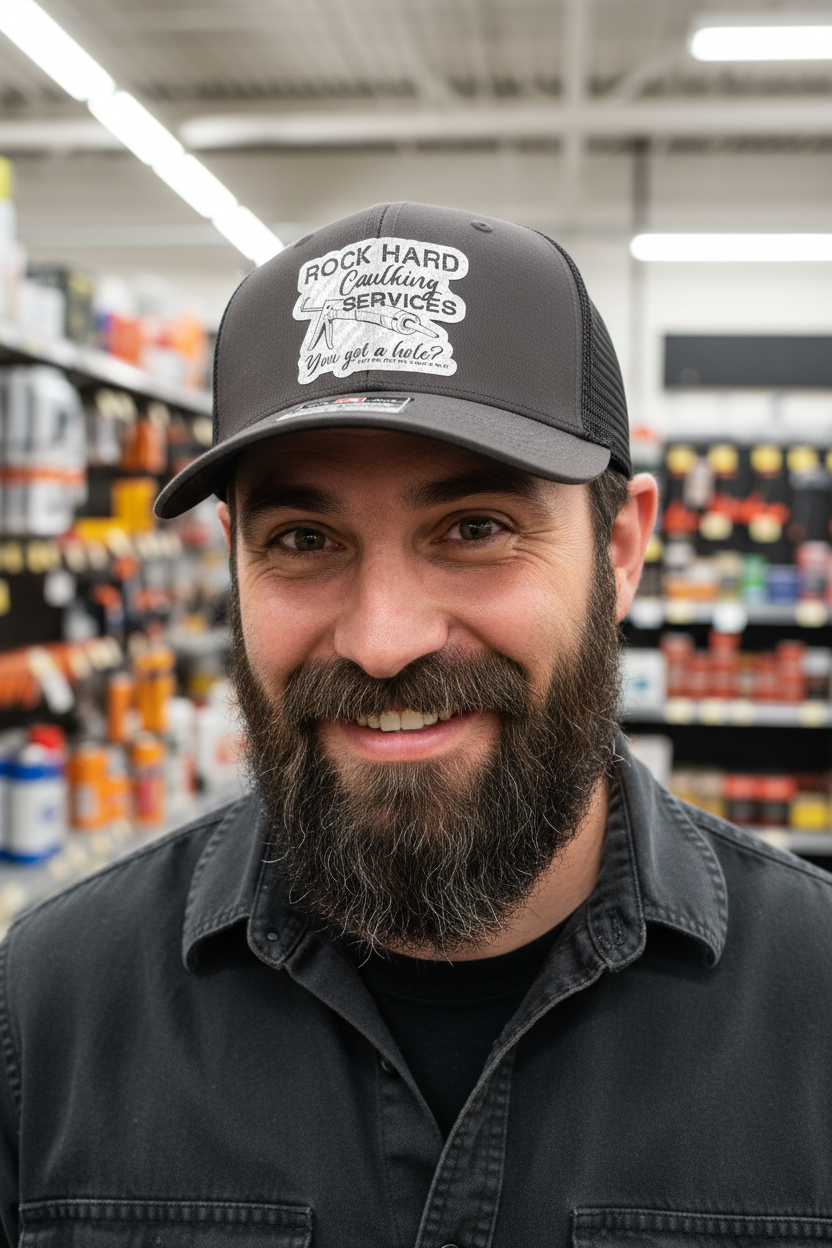 Bearded contractor with cheeky grin wearing Rock Hard Caulking hat