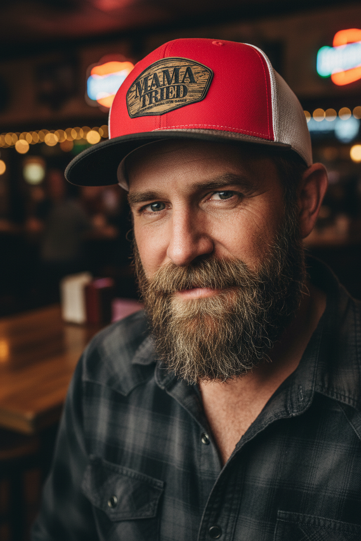 Bearded man at country bar wearing Mama Tried hat
