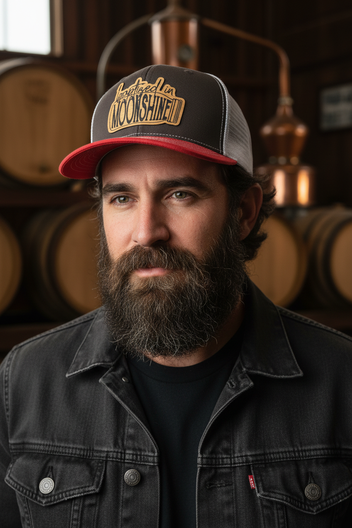 Bearded man at distillery wearing Baptized in Moonshine hat