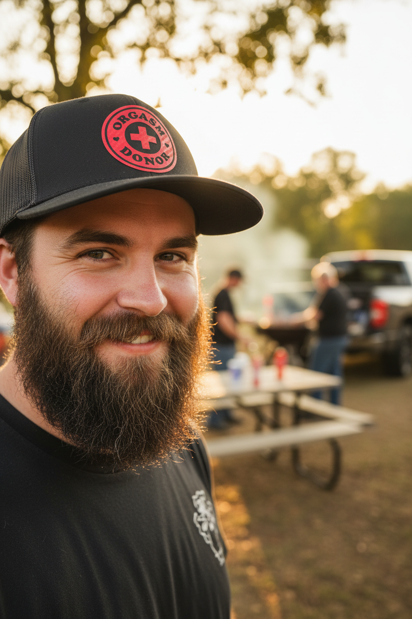 Bearded man with cheeky grin wearing Orgasm Donor hat at BBQ