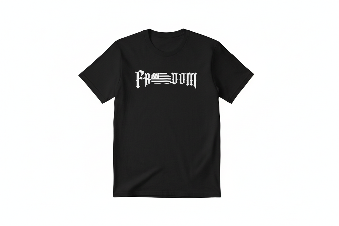 Black t-shirt with white Freedom Flag logo