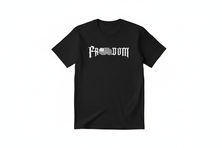 Black t-shirt with white Freedom Flag logo