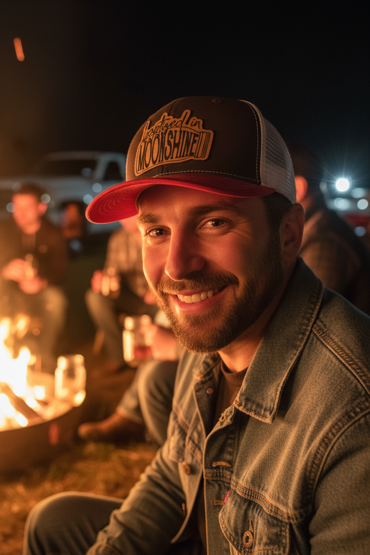 Casual guy at bonfire wearing Baptized in Moonshine hat