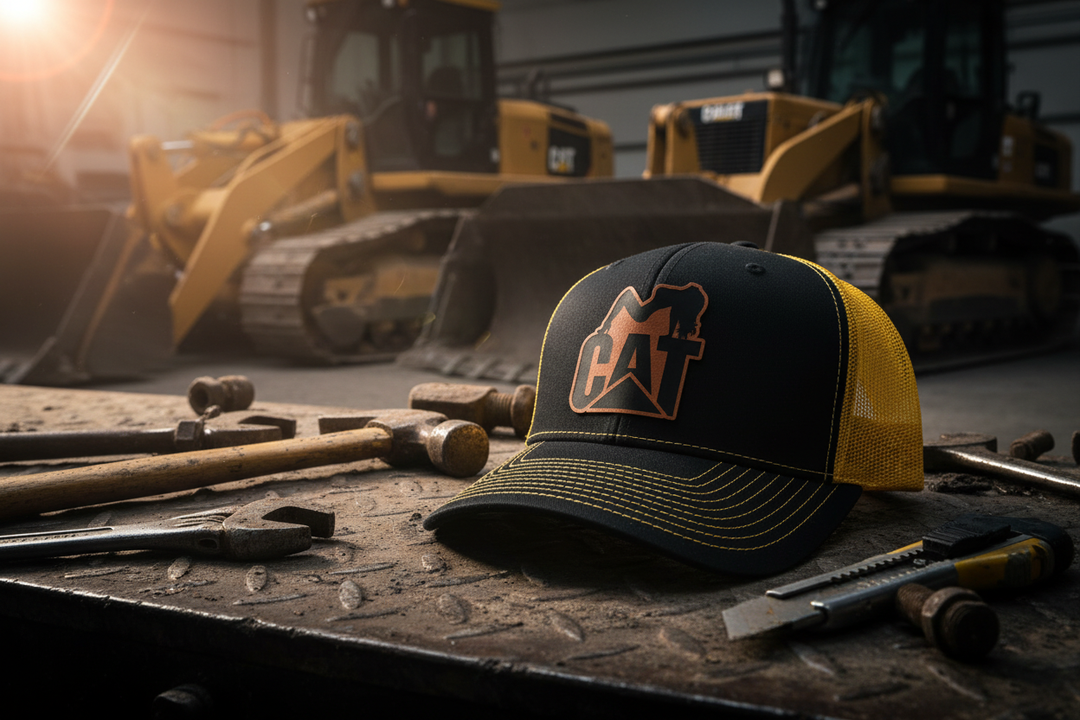 CAT hat on industrial surface with construction tools