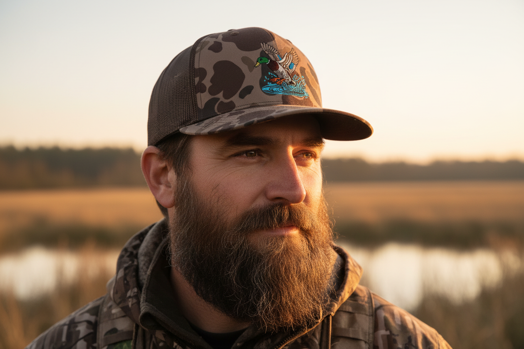 Close-up of bearded hunter in duck embroidered hat