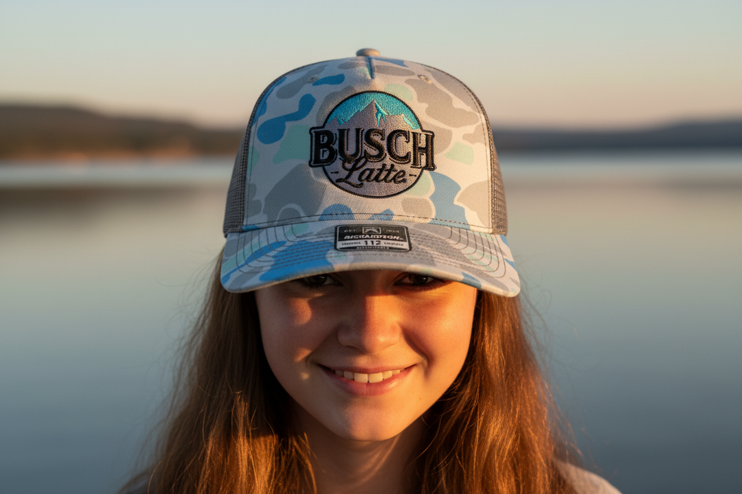 Close-up of Busch Latte hat at sunrise