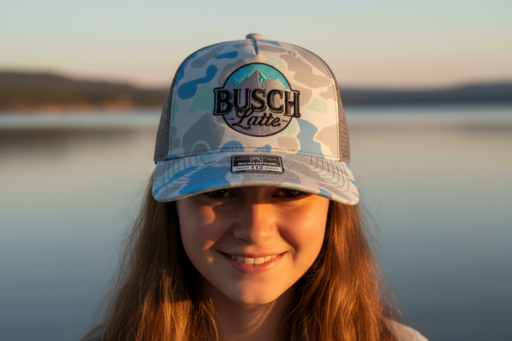 Close-up of Busch Latte hat at sunrise