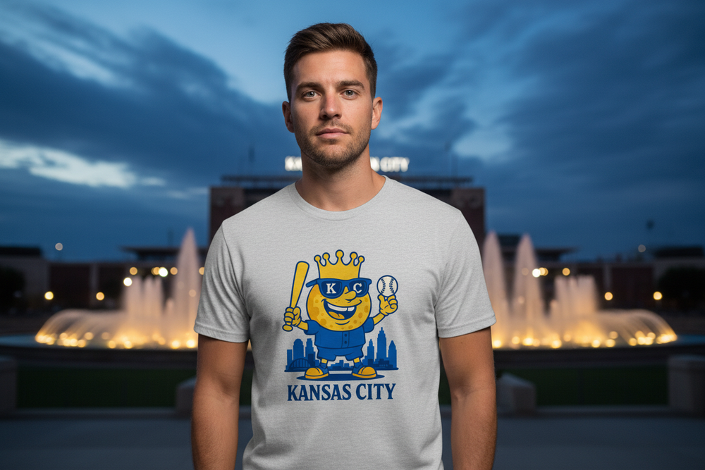 Close-up of grey KC shirt with lit fountains at twilight