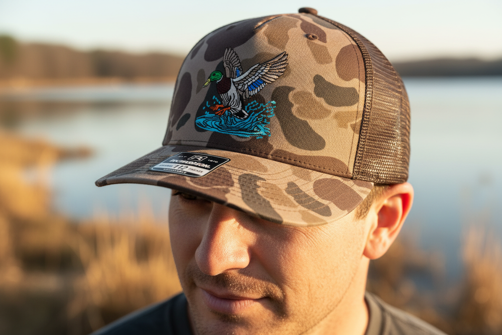 Close-up of model showing duck embroidery detail