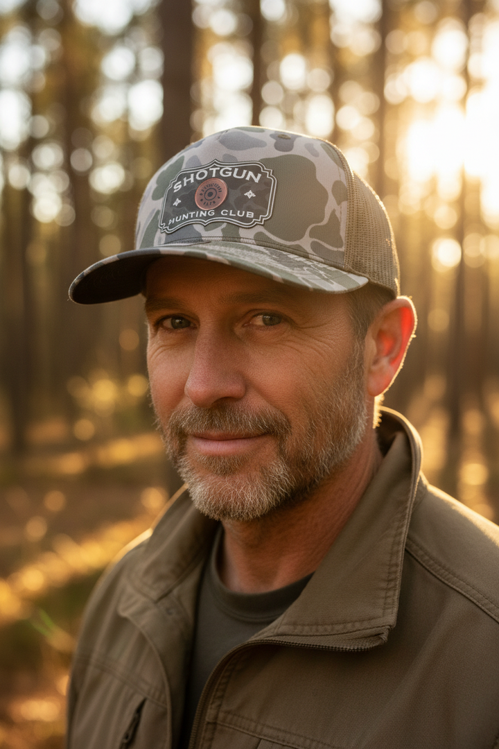 Close-up outdoorsman portrait with Shotgun Hunting Club hat