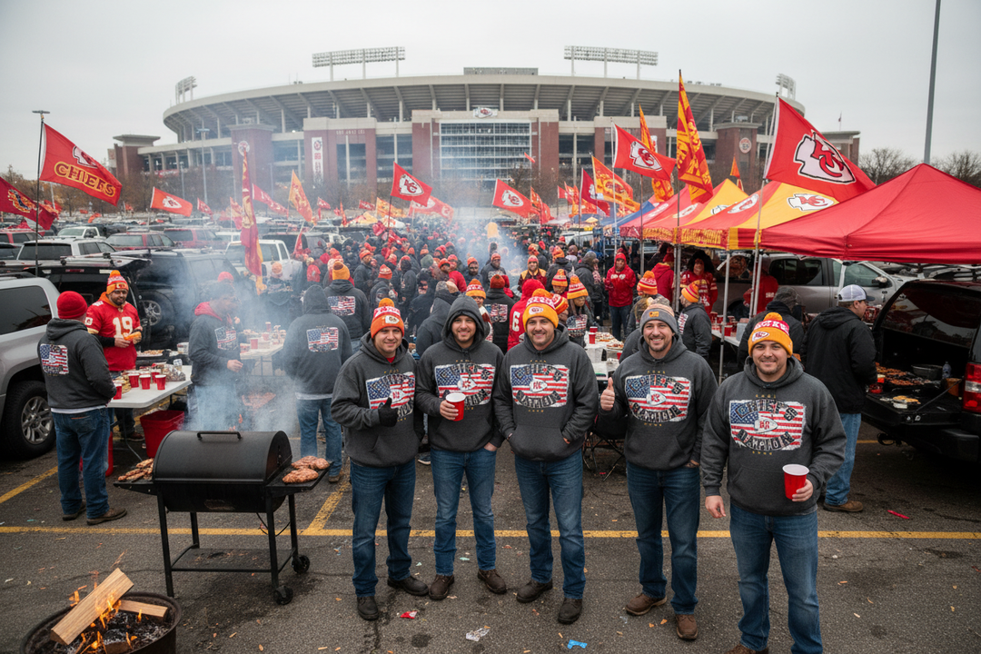 Cold-weather tailgate in dark grey hoodies