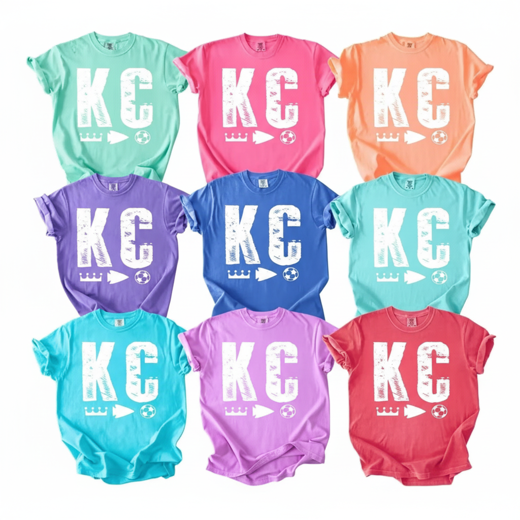 Colorful KC t-shirts on white background
