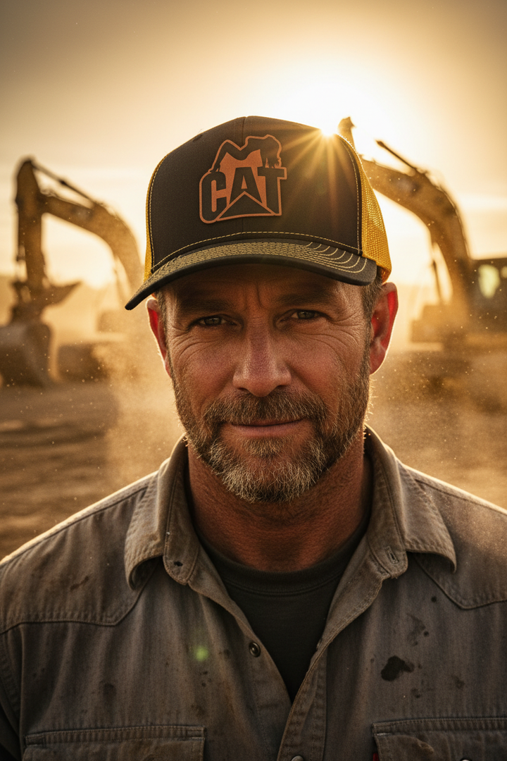 Construction worker in golden hour wearing CAT hat