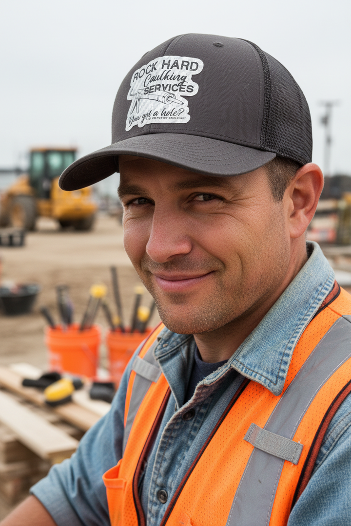 Construction worker wearing Rock Hard Caulking hat at job site