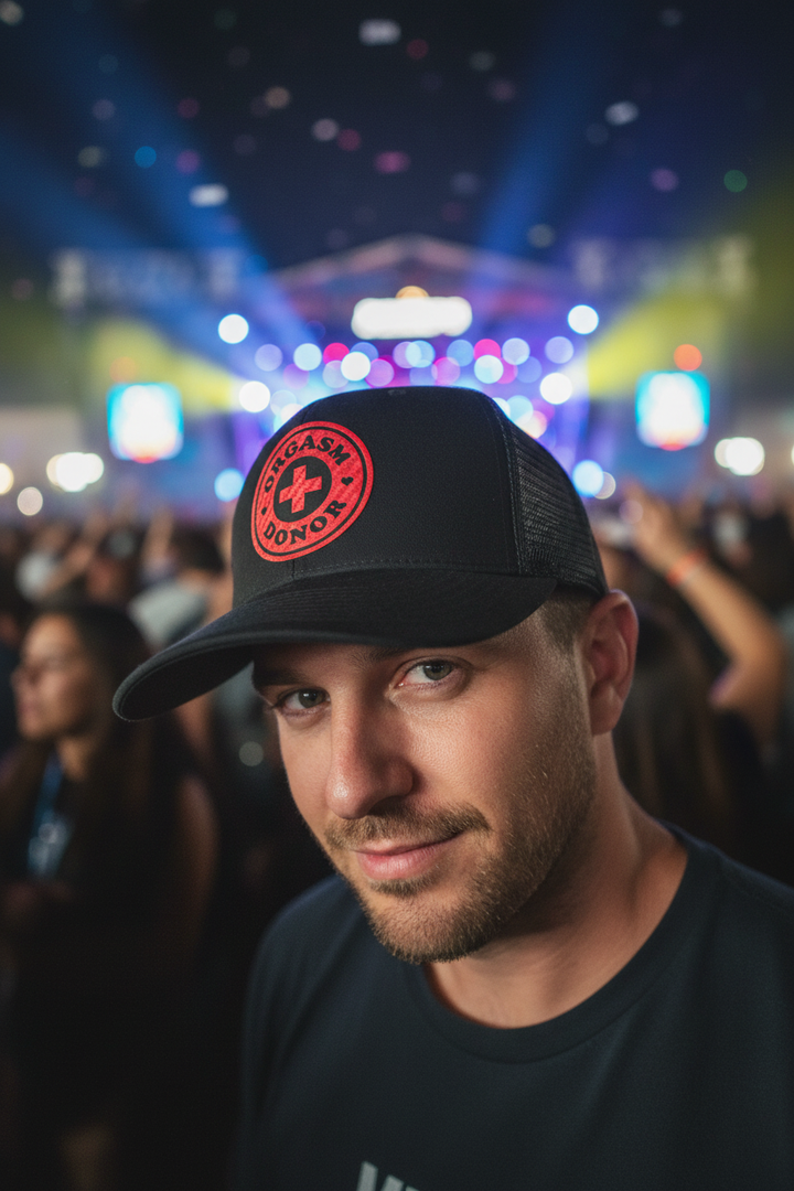 Cool guy at music festival wearing Orgasm Donor hat