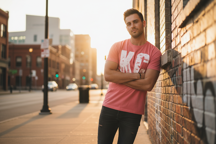 Coral pink KC t-shirt lifestyle shot