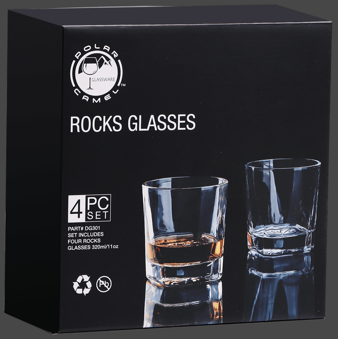 Four Polar Camel 11 oz. Square Rocks Glasses in Black Gift Box with Printed Paper Sleeve