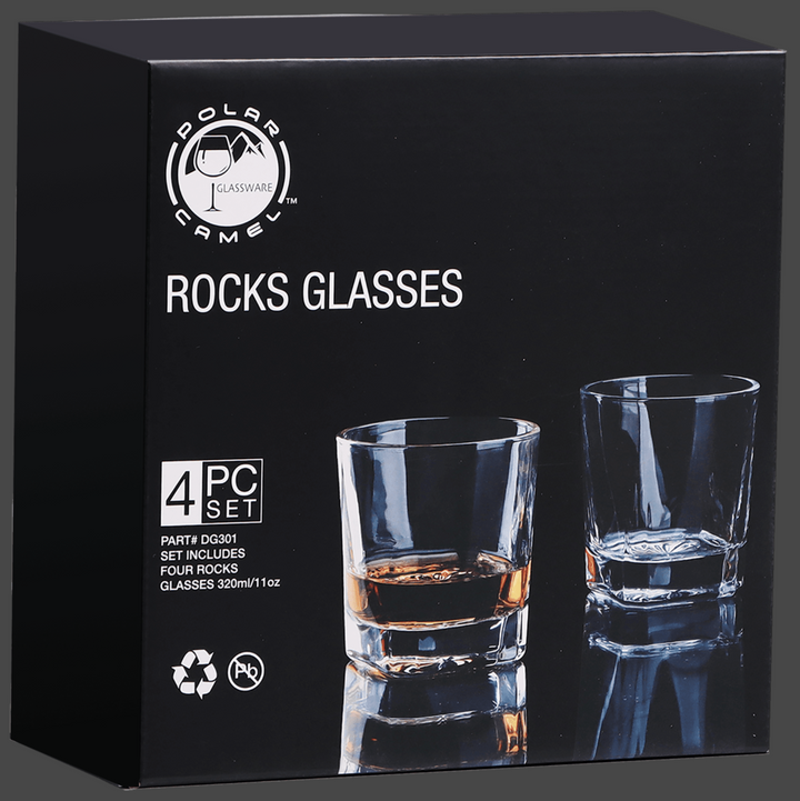 Four Polar Camel 11 oz. Square Rocks Glasses in Black Gift Box with Printed Paper Sleeve