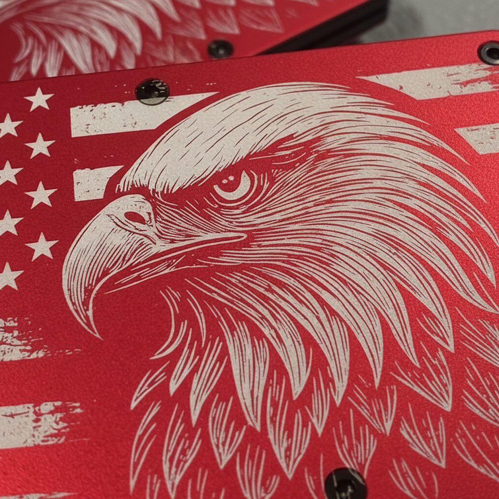 Eagle RFID wallet - close up laser engraving detail