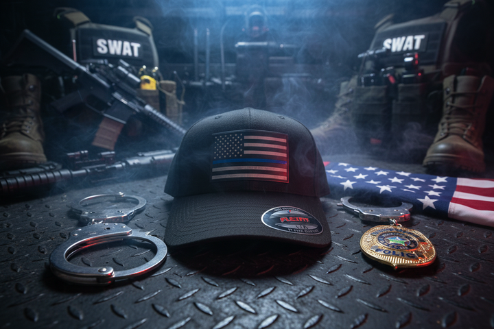 Epic Thin Blue Line hat with tactical gear and dramatic lighting