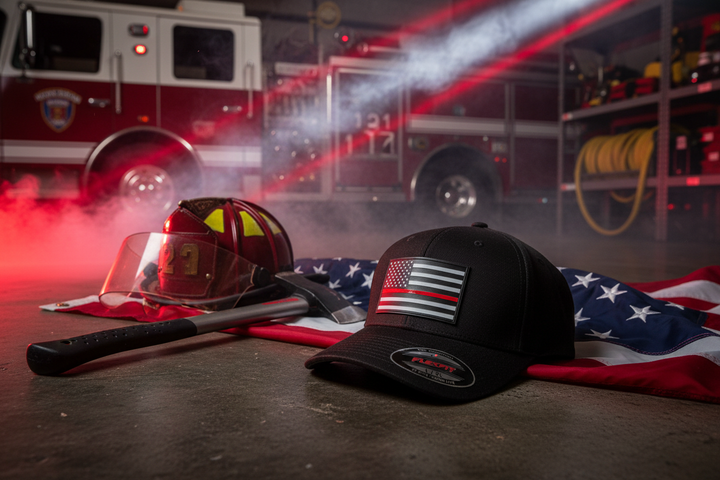 Epic Thin Red Line hat with firefighter helmet and equipment