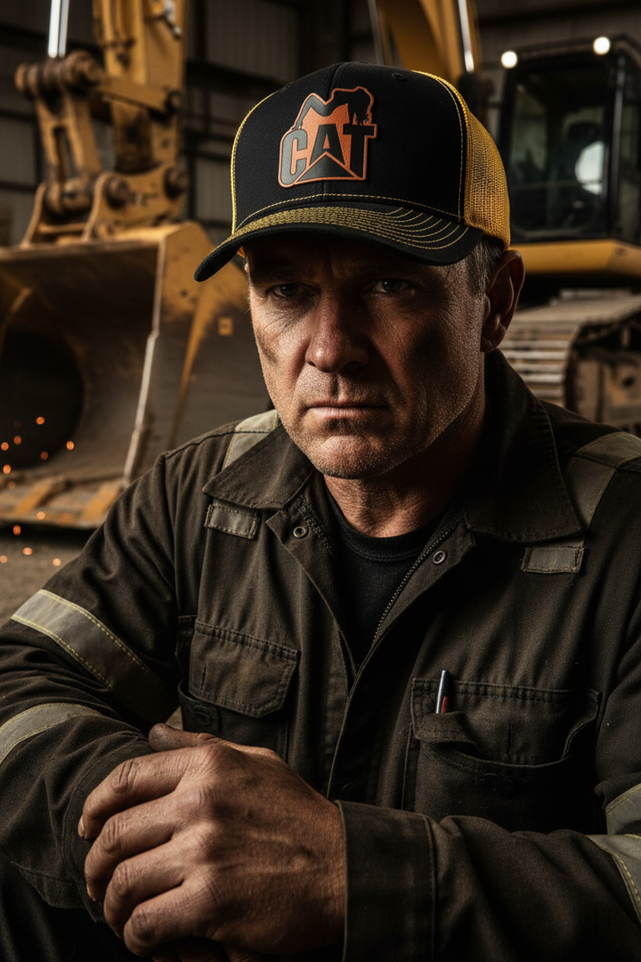 Equipment operator with heavy machinery wearing CAT hat