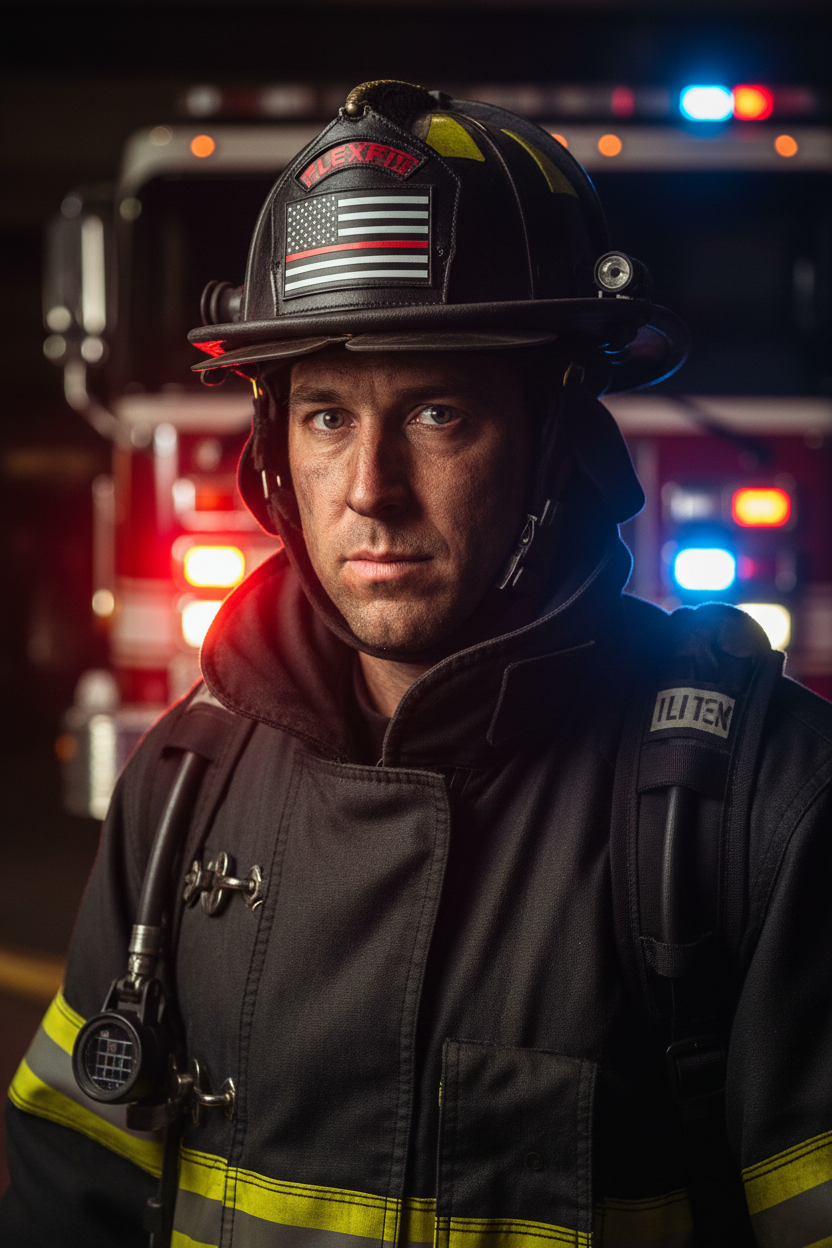 Firefighter in turnout gear wearing Thin Red Line hat
