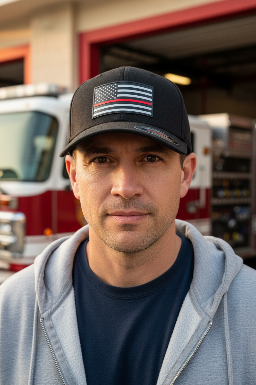 Firefighter wearing Thin Red Line hat at fire station