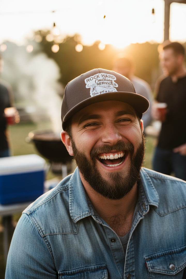 Guy laughing at BBQ wearing Rock Hard Caulking hat