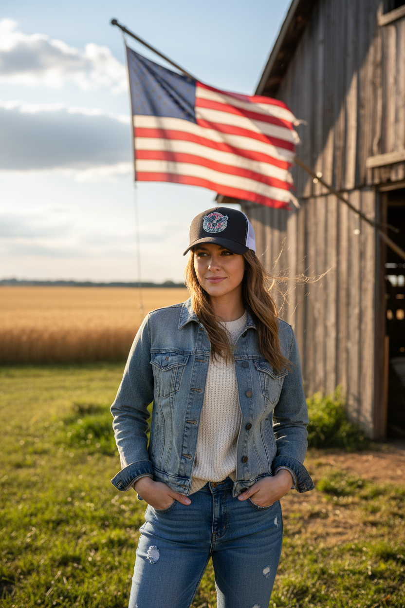 Female model wearing Made in America patriotic hat with American flag