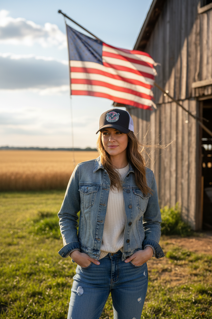 Female model wearing Made in America patriotic hat with American flag