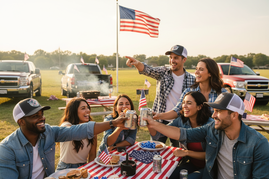 Group celebrating America's 250th anniversary wearing Made in America hats