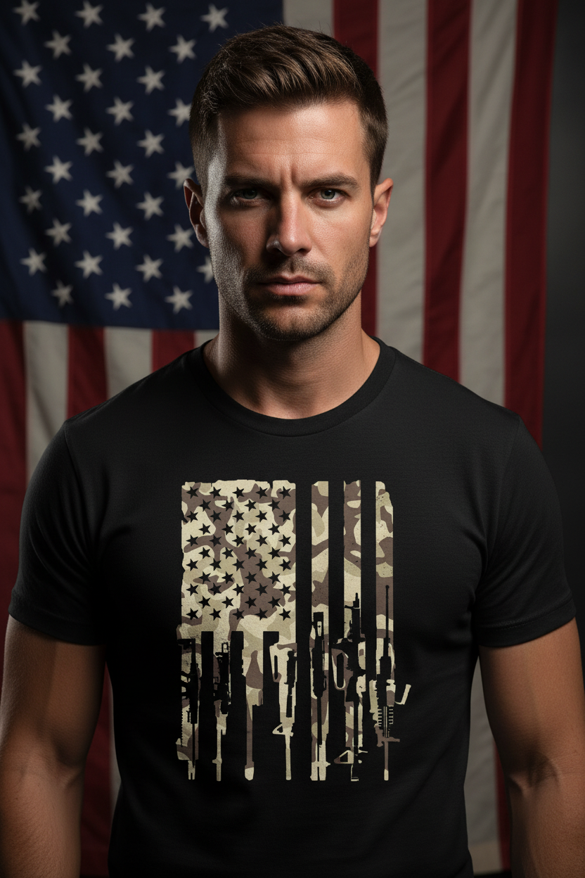 Model wearing desert camo flag 2A shirt - chest-up shot