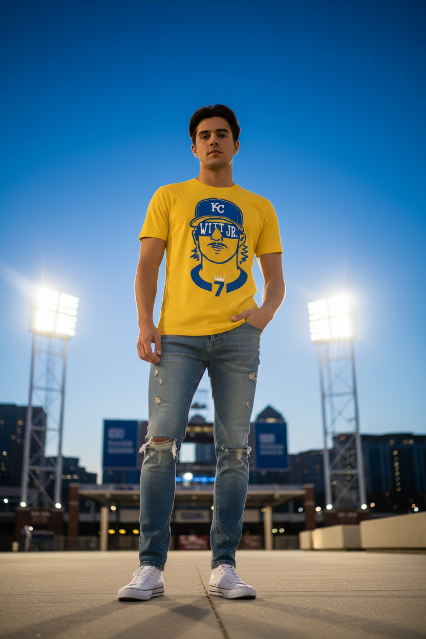 Bobby Witt Jr. yellow tee - heroic low angle blue hour stadium