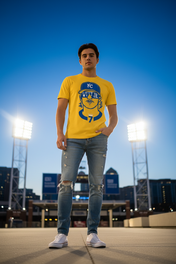 Bobby Witt Jr. yellow tee - heroic low angle blue hour stadium