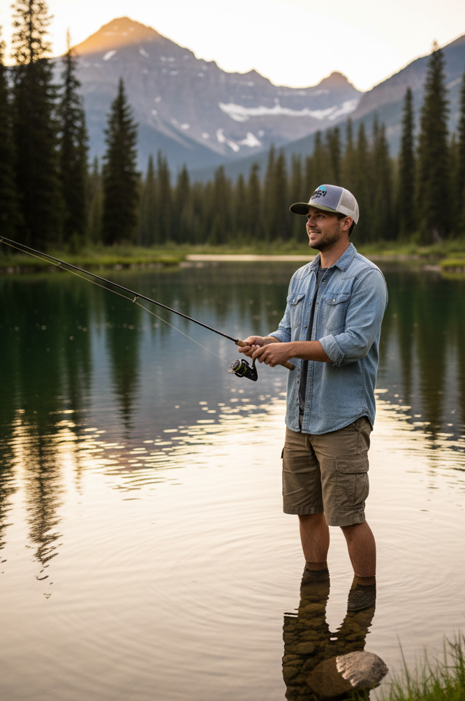 Model fishing wearing Busch Latte outdoor hat