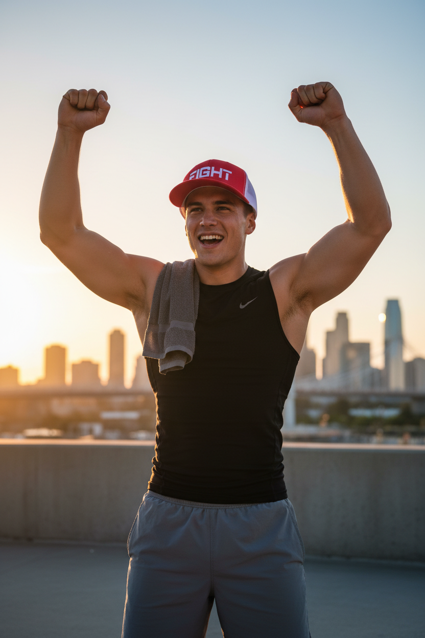Athlete in victory pose at sunrise wearing FIGHT embroidered hat
