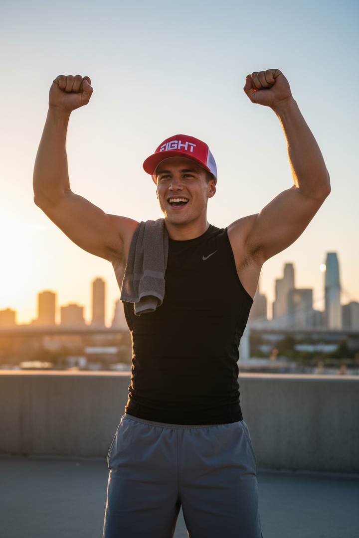 Athlete in victory pose at sunrise wearing FIGHT embroidered hat