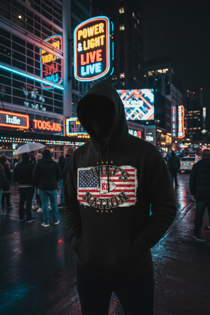 Kansas City nightlife in Chiefs hoodie