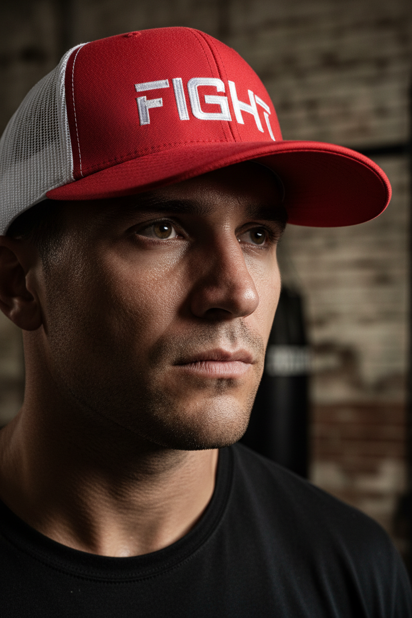 Close-up portrait of model with warrior mindset wearing FIGHT hat