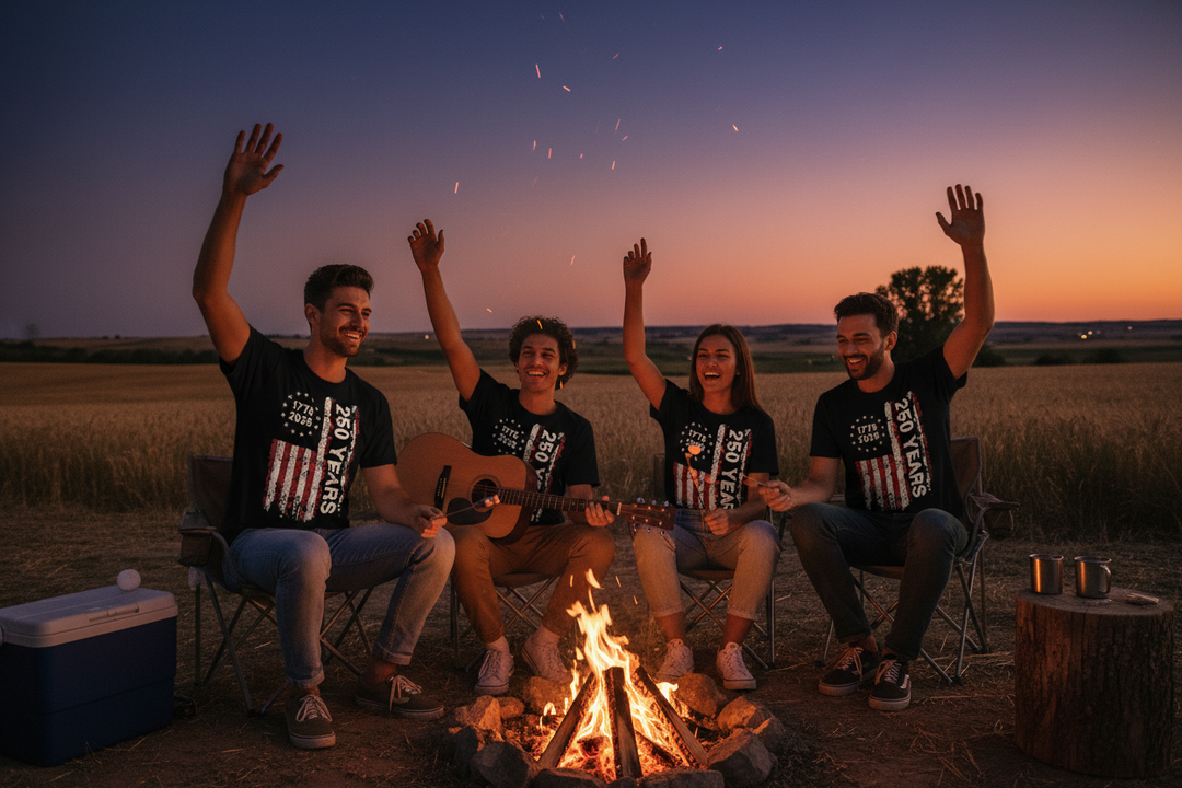 Friends wearing patriotic 250 Years t-shirts gathered around campfire celebrating American freedom